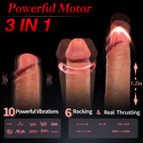 A sex toy with three different functions is shown against a black background.