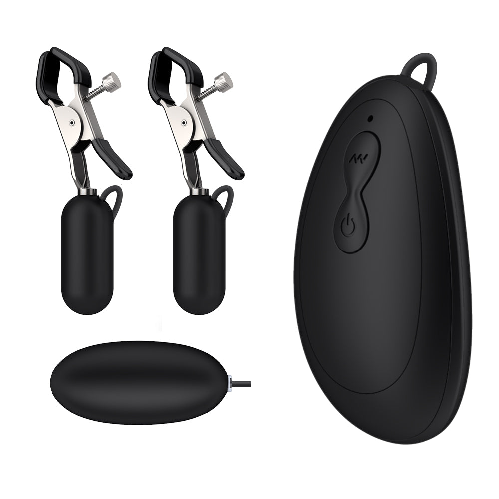 A black remote control and nipple clamps with inflatable bulbs are displayed together.