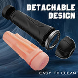 A black vibrator and pink attachment are shown against a blue swirly background.