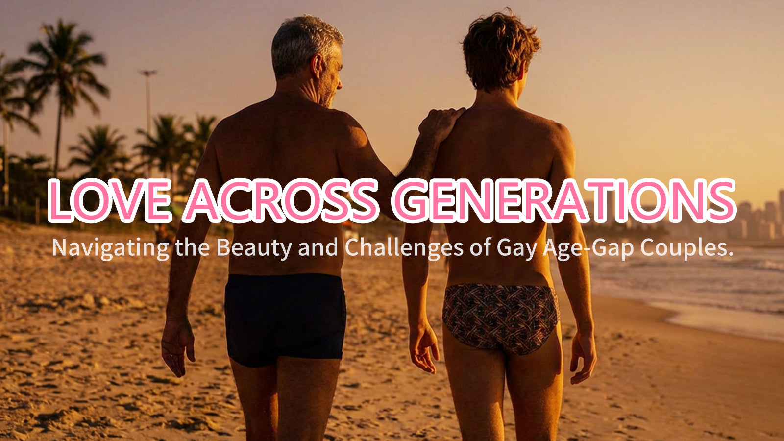 Two men walk along a sunset beach with text overlay "LOVE ACROSS GENERATIONS" about gay age-gap couples