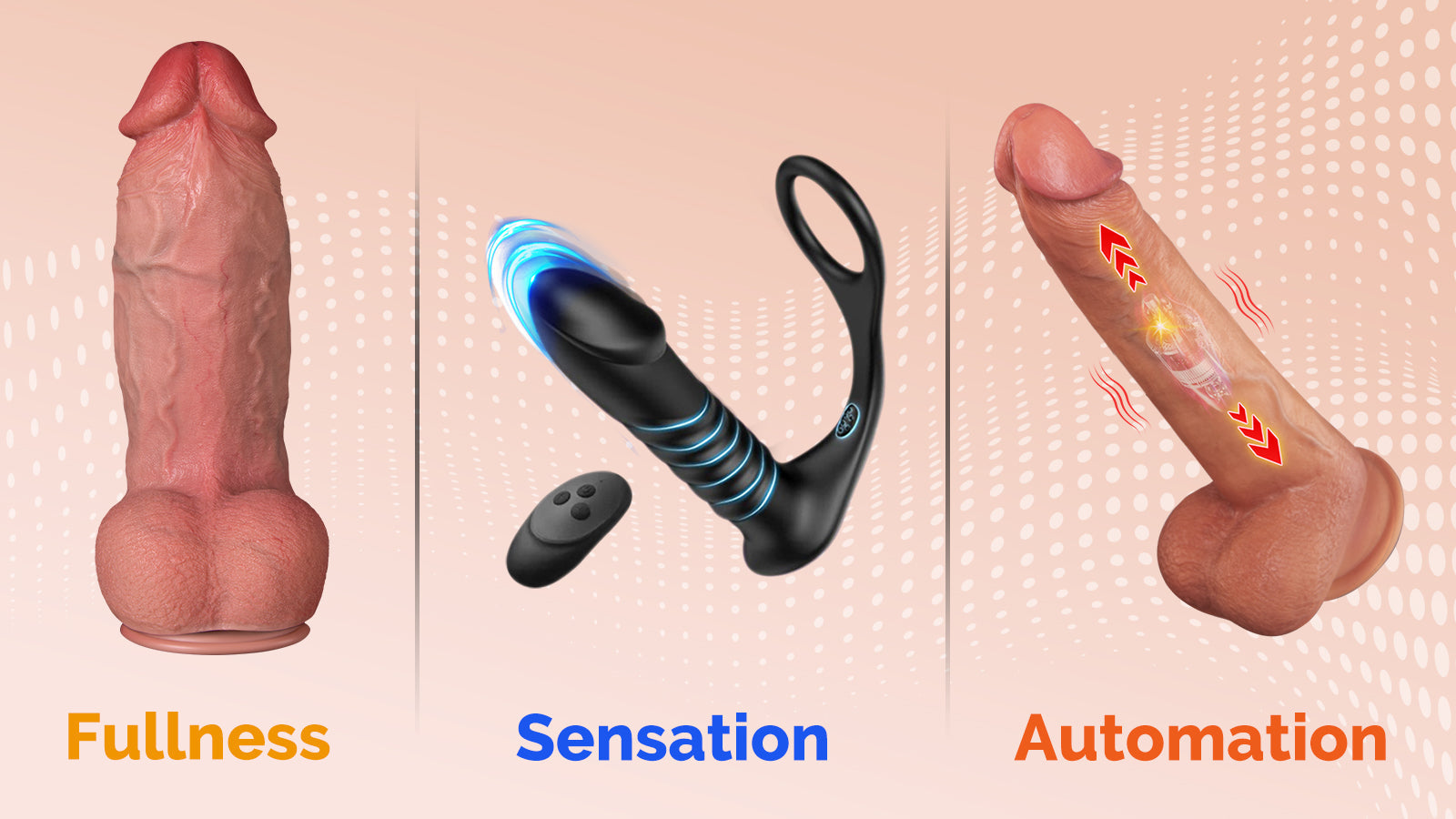 A three-part graphic promoting sexual enhancement features: Fullness, Sensation (with a device), and Automation (with internal mechanics)