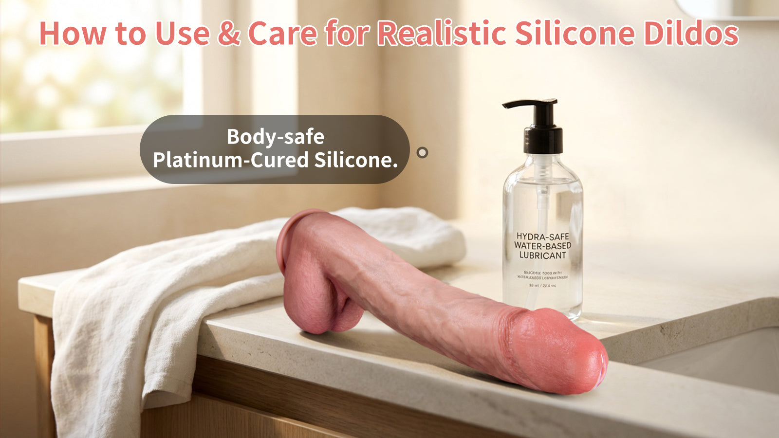 A realistic silicone dildo on a counter next to water-based lubricant and a white towel