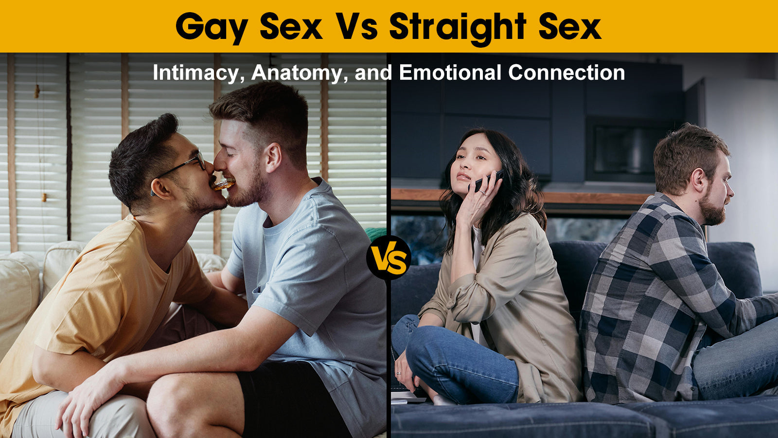 Split screen comparing an intimate gay couple sharing a snack and a straight couple sitting back-to-back on a sofa