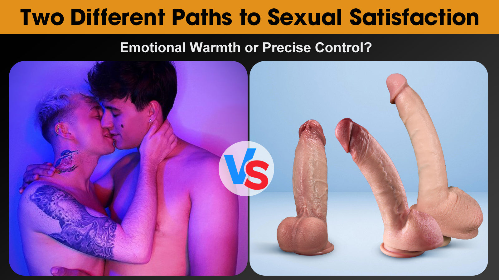 Side-by-side comparison of an intimate couple's embrace and a selection of Qutoys realistic dildo models