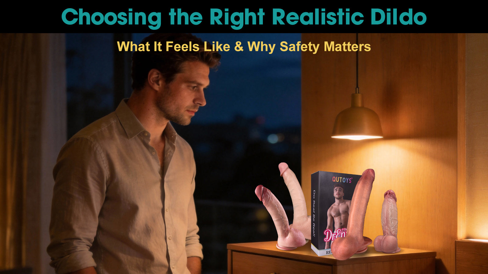 A man considers his options near a Qutoys realistic dildo collection, highlighting safety and sensory experience