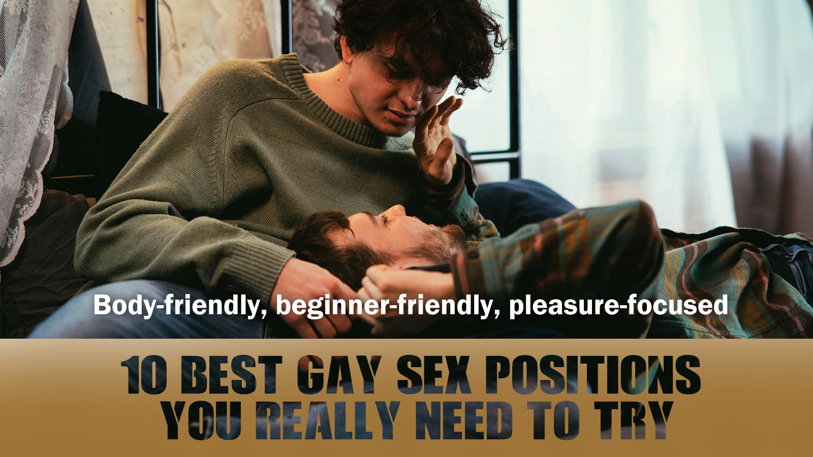 Close-up of two men embracing, overlaying a list of featured positions including "The Doggy" and "The Cowboy."