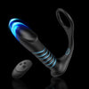 Black silicone cock ring vibrator with remote, featuring blue LED accents and thrusting capabilities.