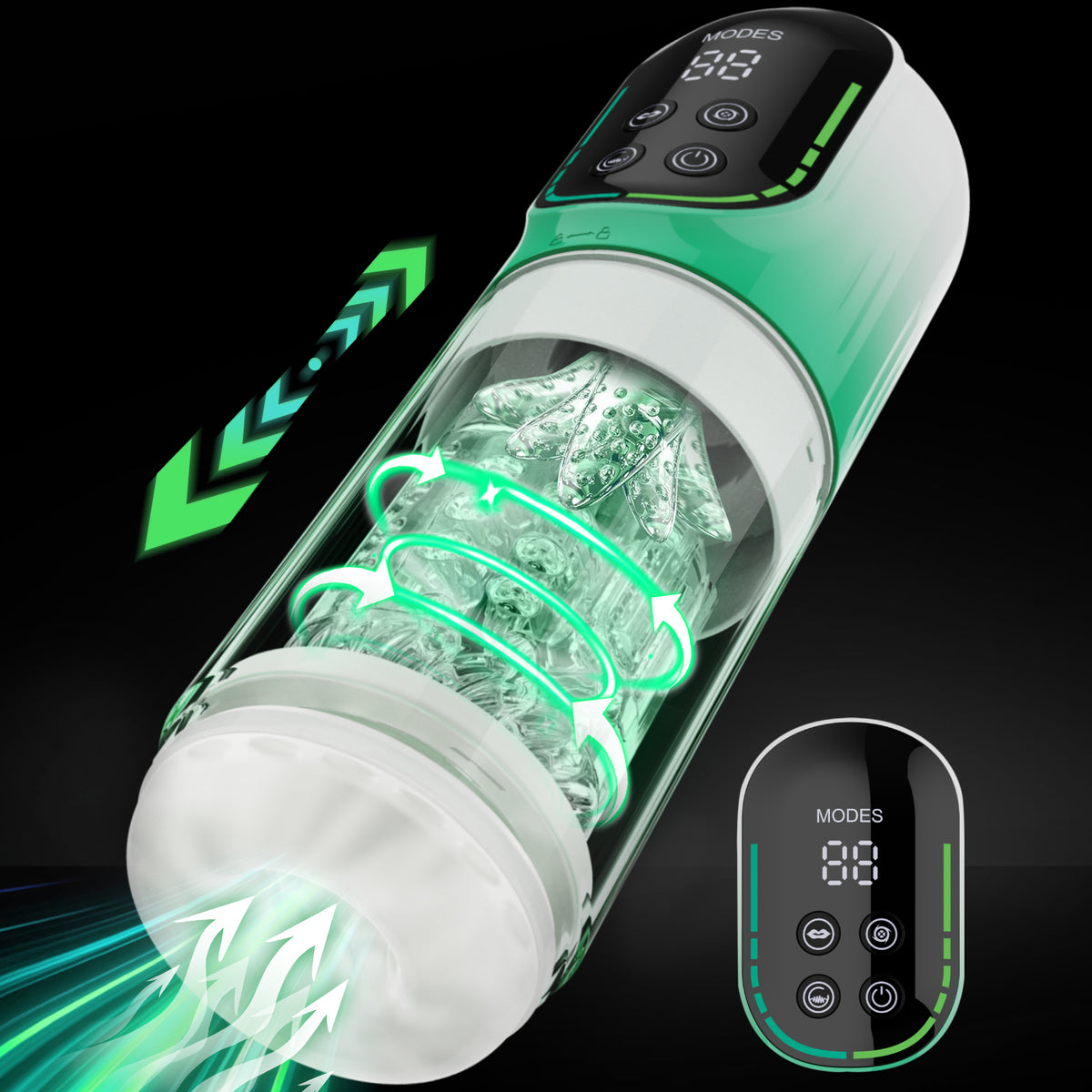 A white and green device with a digital display and clear cylinder containing blades.