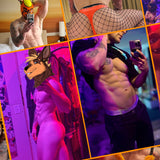 Collage of muscular hyena furry models posing nude with HIMBOHYENA replica dildo.