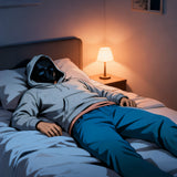 Man in hoodie and mask resting on bed, exploring adult toy desires.