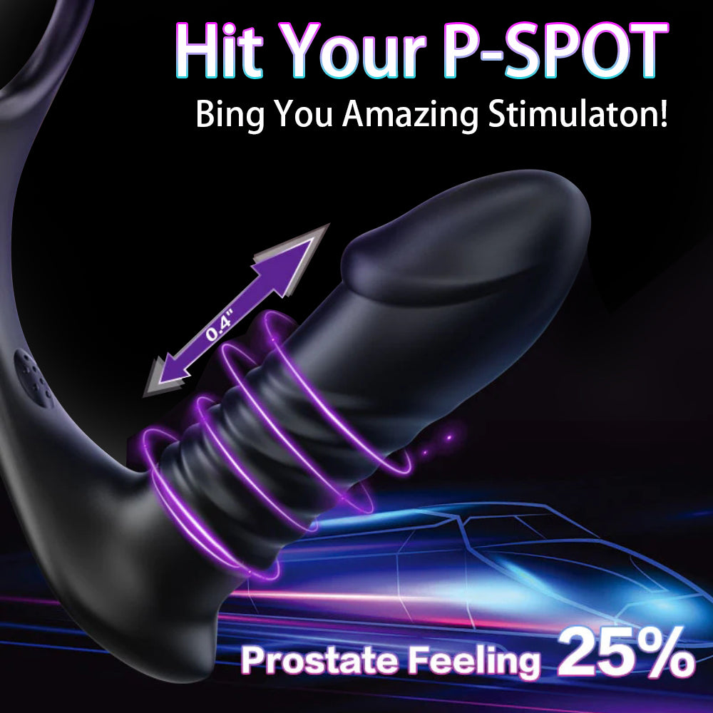 Black silicone prostate massager with thrusting action and 0.4 inch motion, promising 25% prostate feeling.