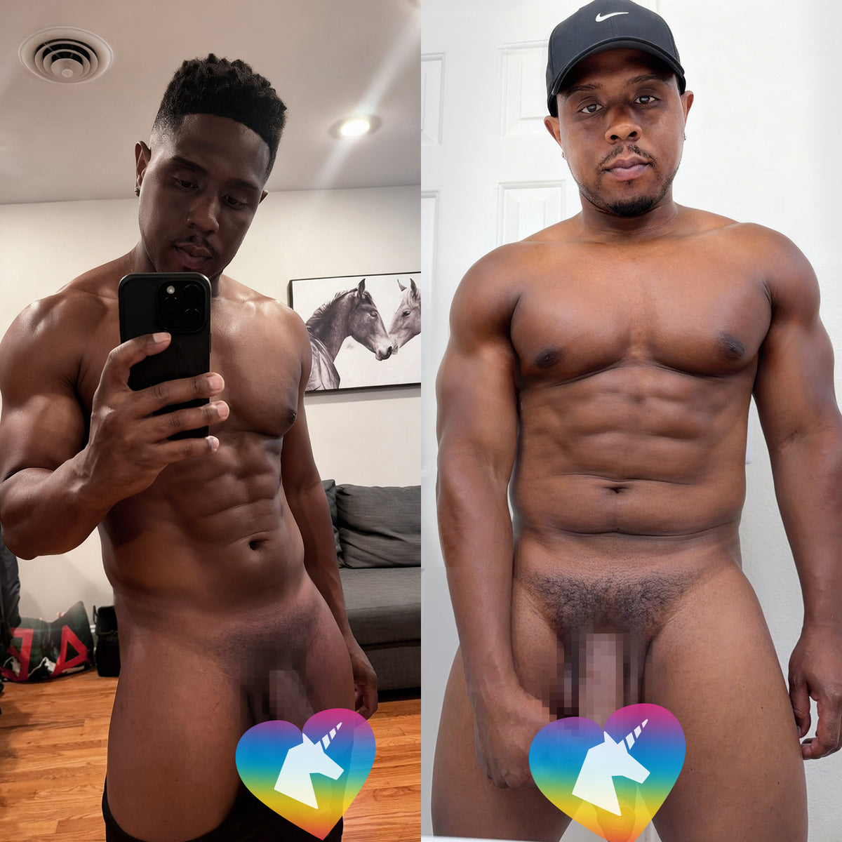 Two shirtless men pose confidently, one holding a phone and wearing a cap.