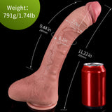 A dildo and a red can are shown with various measurements on black background.