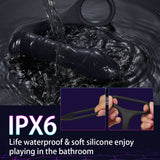 Black silicone cock ring vibrator with IPX6 waterproof rating, suitable for bathroom use.