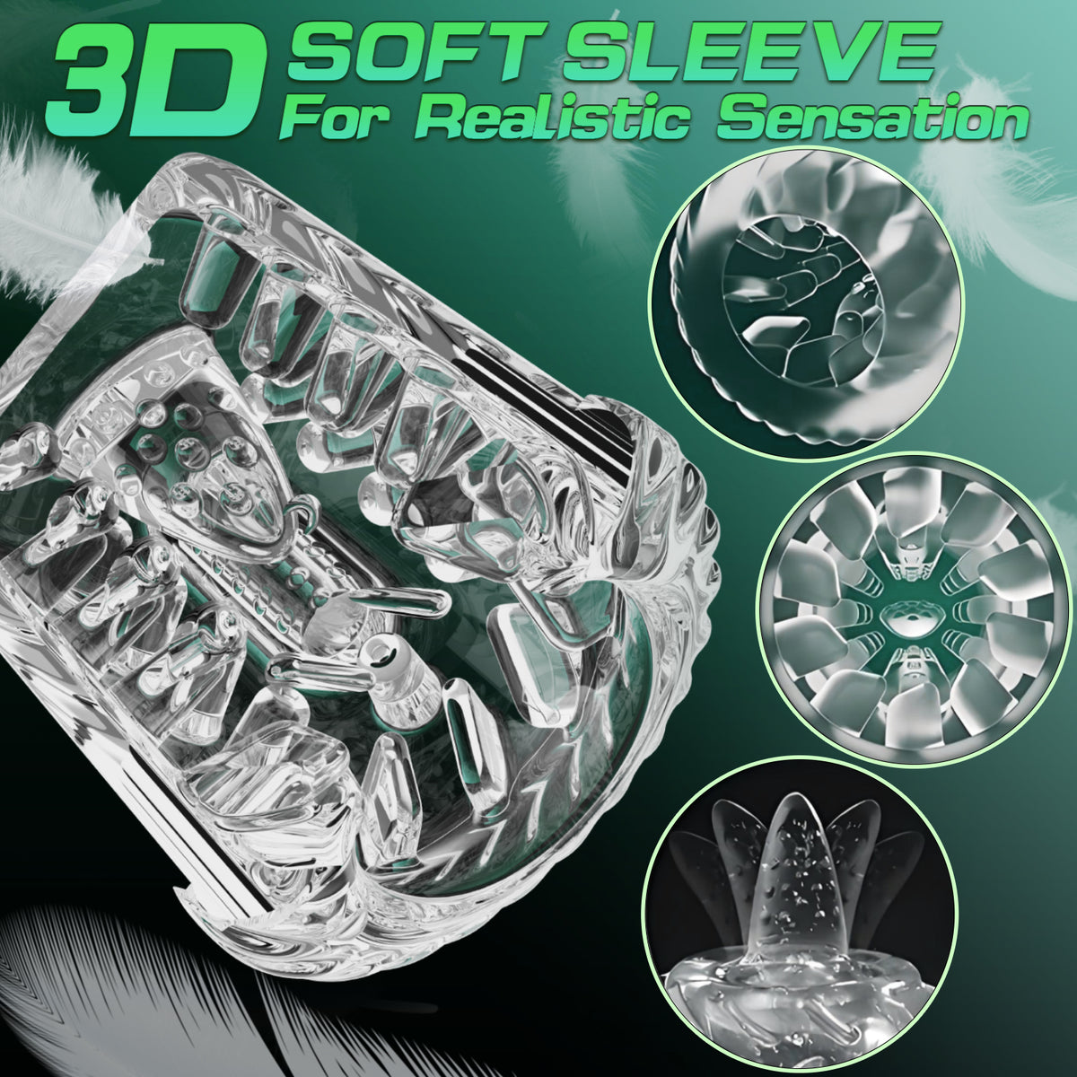 Transparent 3D soft sleeve with a sleeve and three circular inset images.