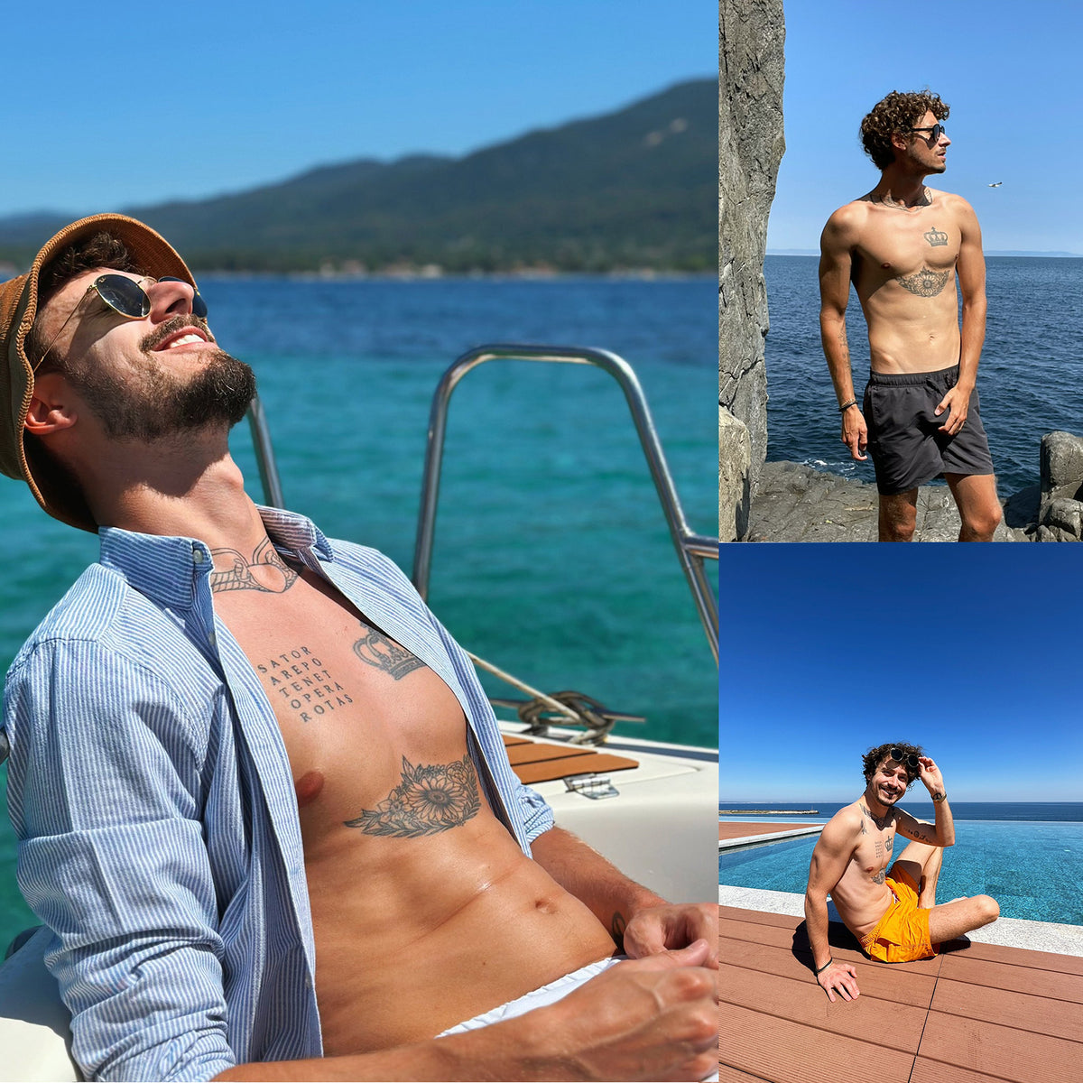 Man with tattoos lounges shirtless on yacht in blue sea, wearing orange hat and sunglasses.