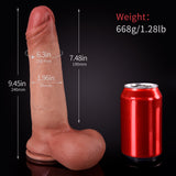 A dildo with dimensions marked beside a red soda can on a black surface.