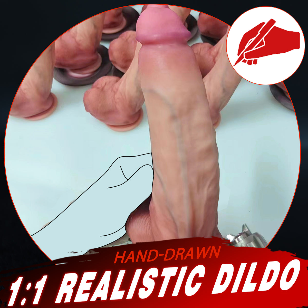 A hand holds a realistic dildo with others in the background.