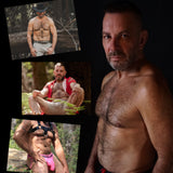 Gregor Scott wears a black leather harness and a pink jockstrap, showing off his muscular torso in an outdoor setting.
