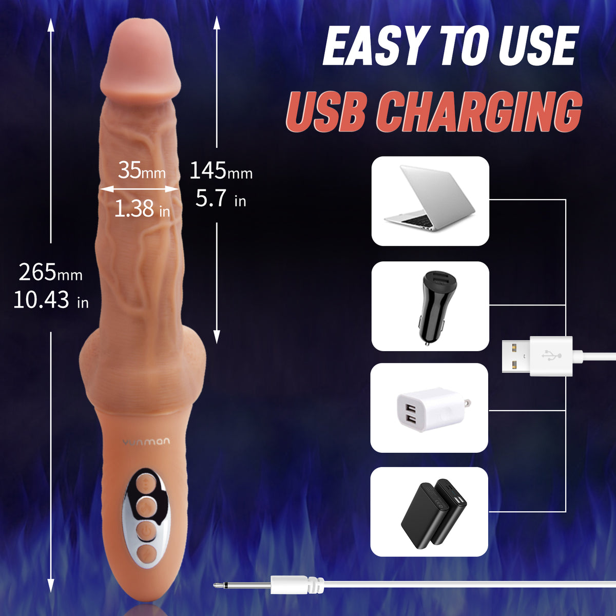 A hand held vibrator with measurements and charging options nearby on a blue background.