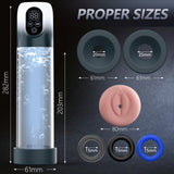 Penis enlargement pump with digital display, plus silicone sleeves (20mm, 25mm) and rings (15mm, 15mm, 15mm).