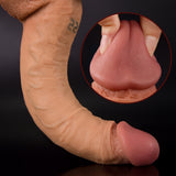 A realistic silicone dildo with a tattoo is shown against a black background.