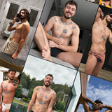Man with tattoos, crown chest ink, swimsuit, and phone poses shirtless in bathroom and pool.