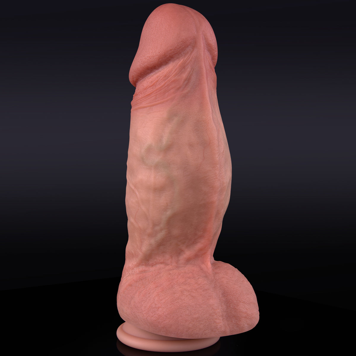 A flesh-colored dildo stands upright against a dark background.