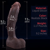 A realistic black silicone dildo with measurements and product details displayed beside it.