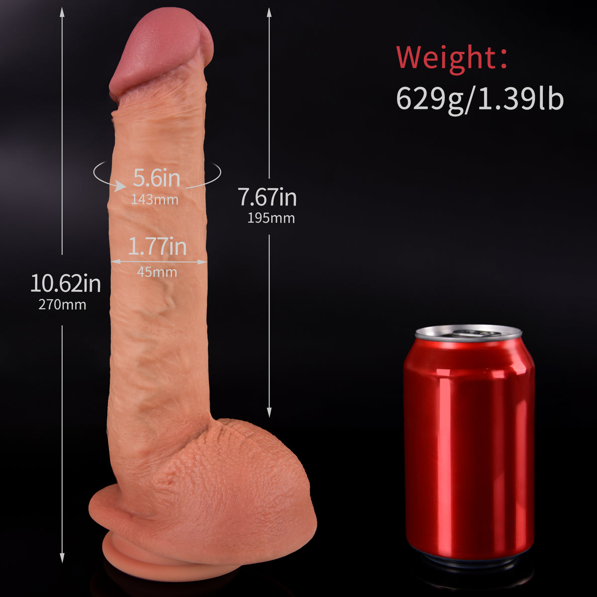 A dildo with measurements and a can next to it on a black surface.