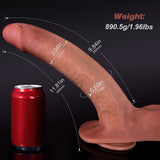 A finger holds a can next to measurements and weight information.