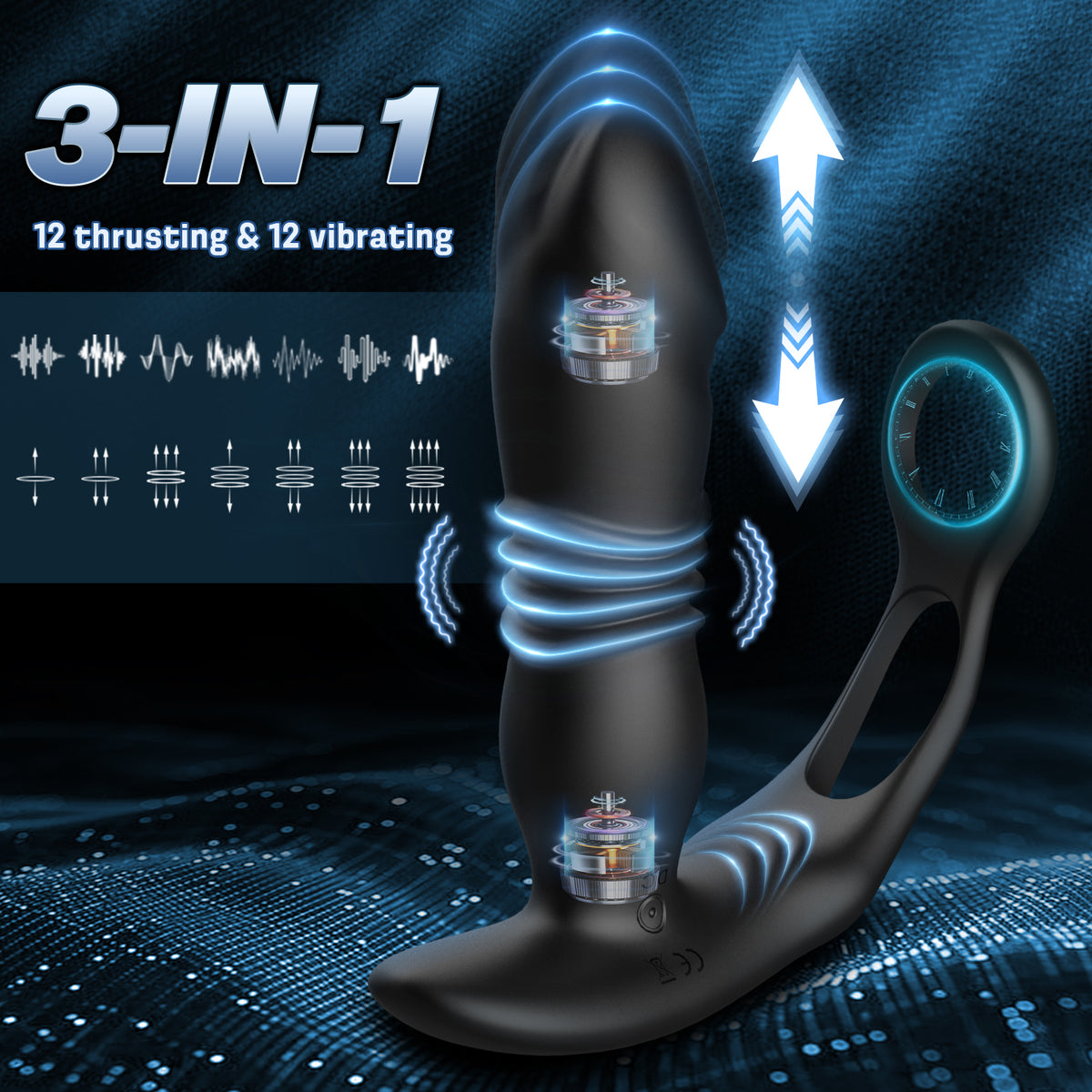 3-IN-1 anal vibrator with 12 thrusting & 12 vibrating modes, realistic silicone, internal mechanisms shown.