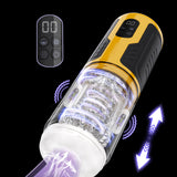 Yellow/black Bumblebee masturbator: 7 rotating/thrusting, 7 vibrators, one-button burst. Digital display '00'. Remote included.