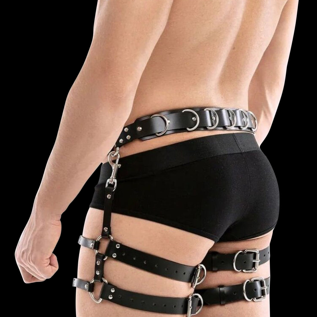 QUTOYS Punk Leather Chained Leg Harness Belt  Black
