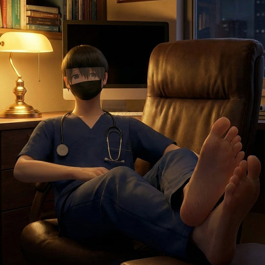 Anime doctor in scrubs lounging barefoot on leather chair at desk.