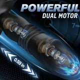 Black silicone anal vibrator with dual motors and 0.59 inch thrust.