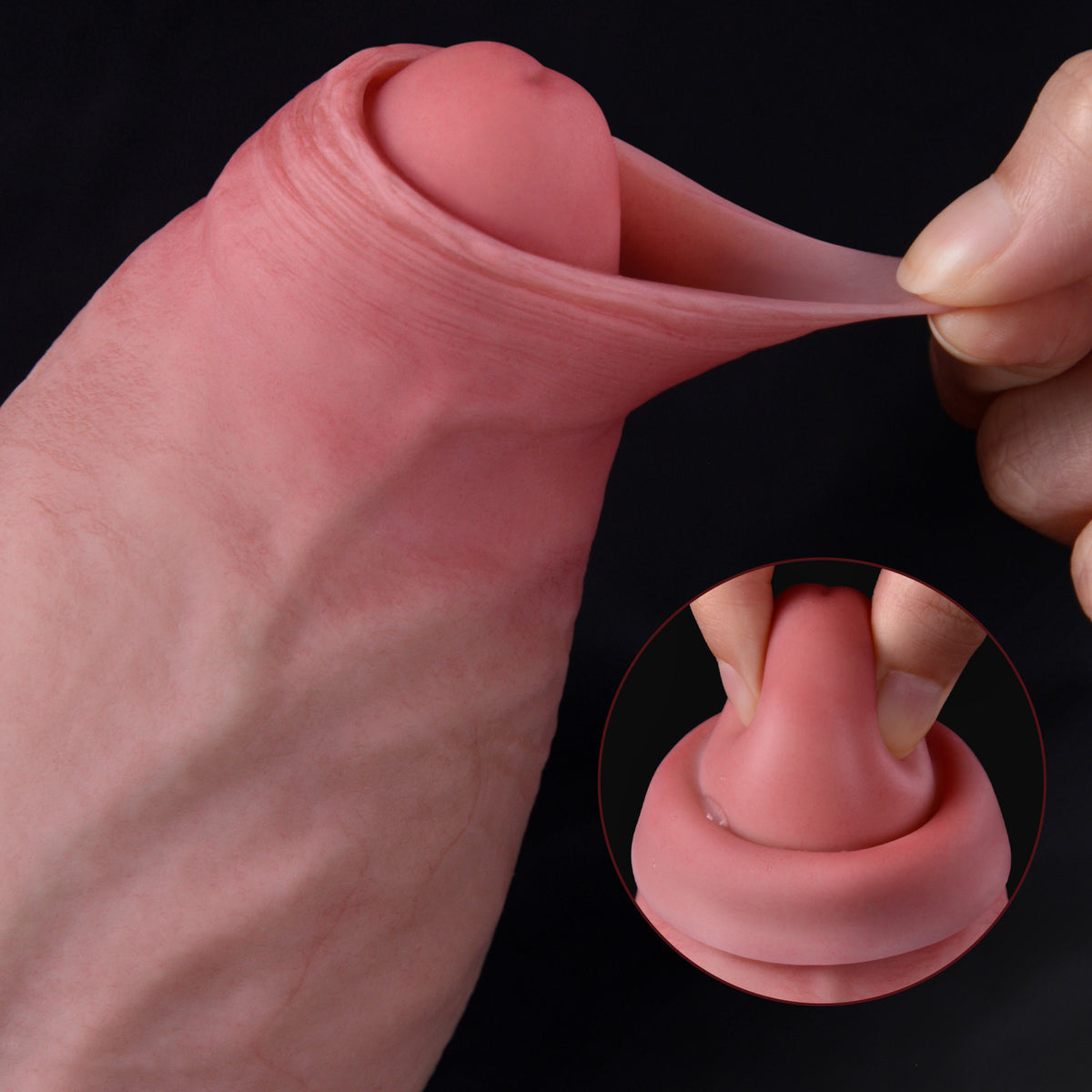 Close-up of pink Turtleneck Uncut Dildo foreskin stretched by fingers.