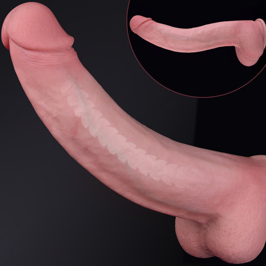 Close-up of extra long, thick pink Mike Oxlong keel dildo with realistic details.