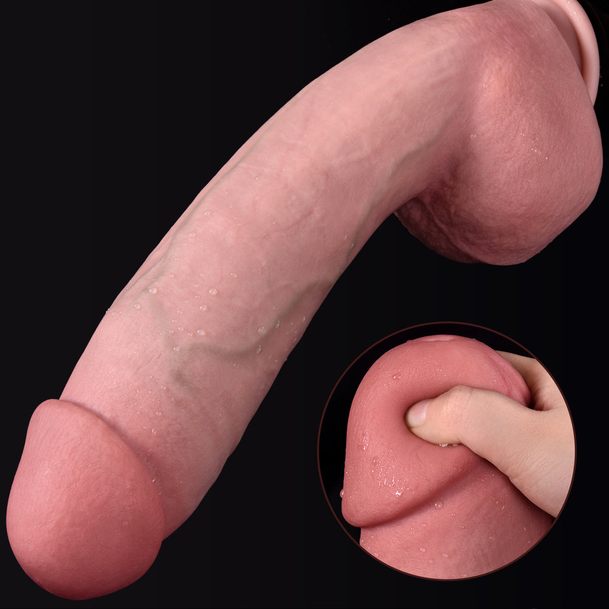 A hand is holding a flesh colored dildo with a black background.