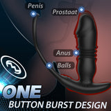 Black silicone anal vibrator with 'ONE BUTTON BURST DESIGN' text highlighting prostate, anus, penis, and balls.