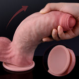 Hand holding realistic pink turtleneck uncut dildo with suction cup base, curved design shown.