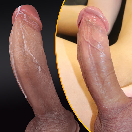 Close-up of realistic replica dildo with glistening lubrication on tan shaft.