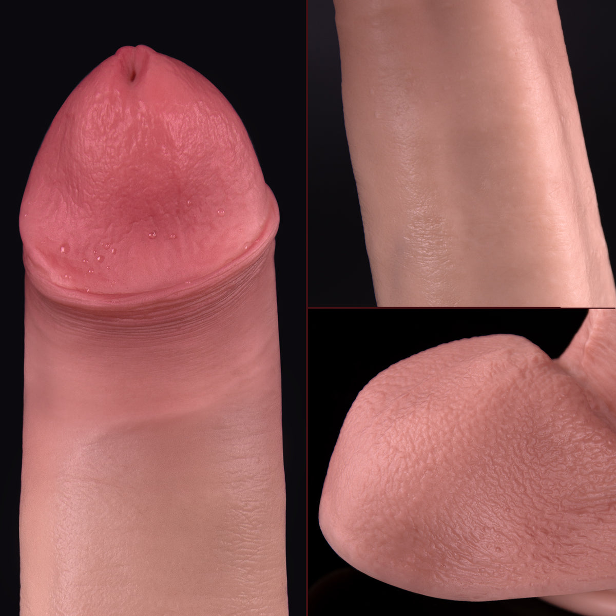 A close-up of a realistic sex toy against a black background.