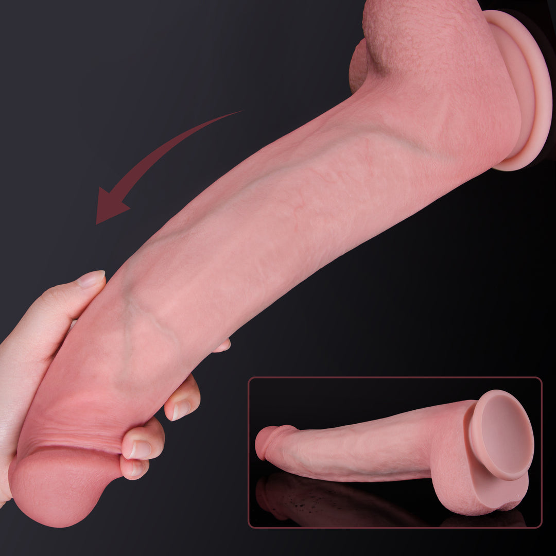 Mike Oxlong extra long thick pink realistic dildo with suction cup base held in hand.