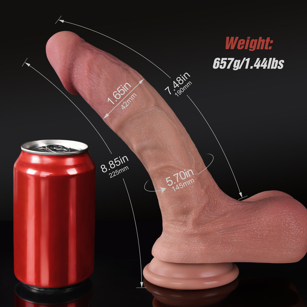 Chris Stewart replica dildo with dimensions and soda can for scale.