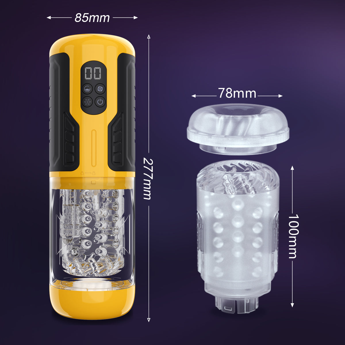 Yellow/black Bumblebee masturbator (277x85mm), textured sleeve (100x78mm). 7 rotating/thrusting, 7 vibration modes.