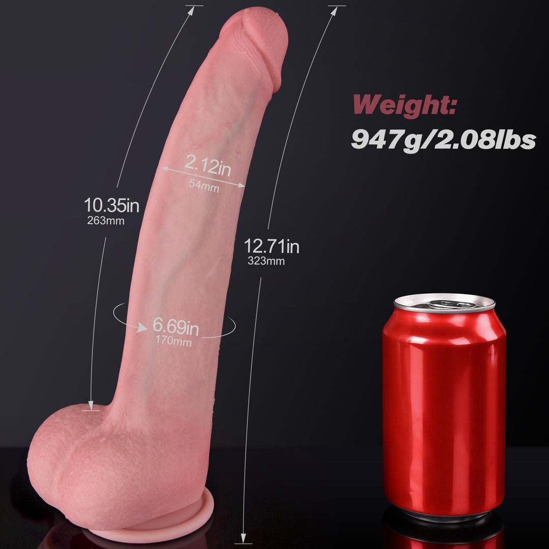 Mike Oxlong extra long thick pink dildo with size measurements next to soda can.