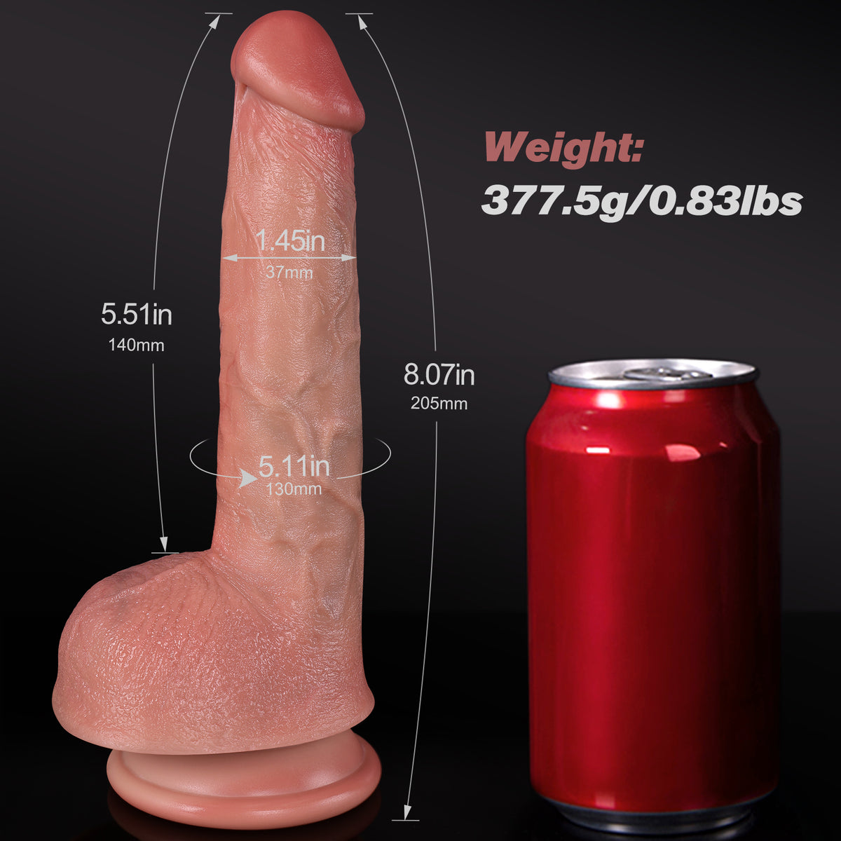 Rookie Ryan realistic dildo with dimensions compared to soda can, 5.51 inches insertable length.