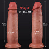 Two flesh colored dildos are displayed with their dimensions and weight against a black background.
