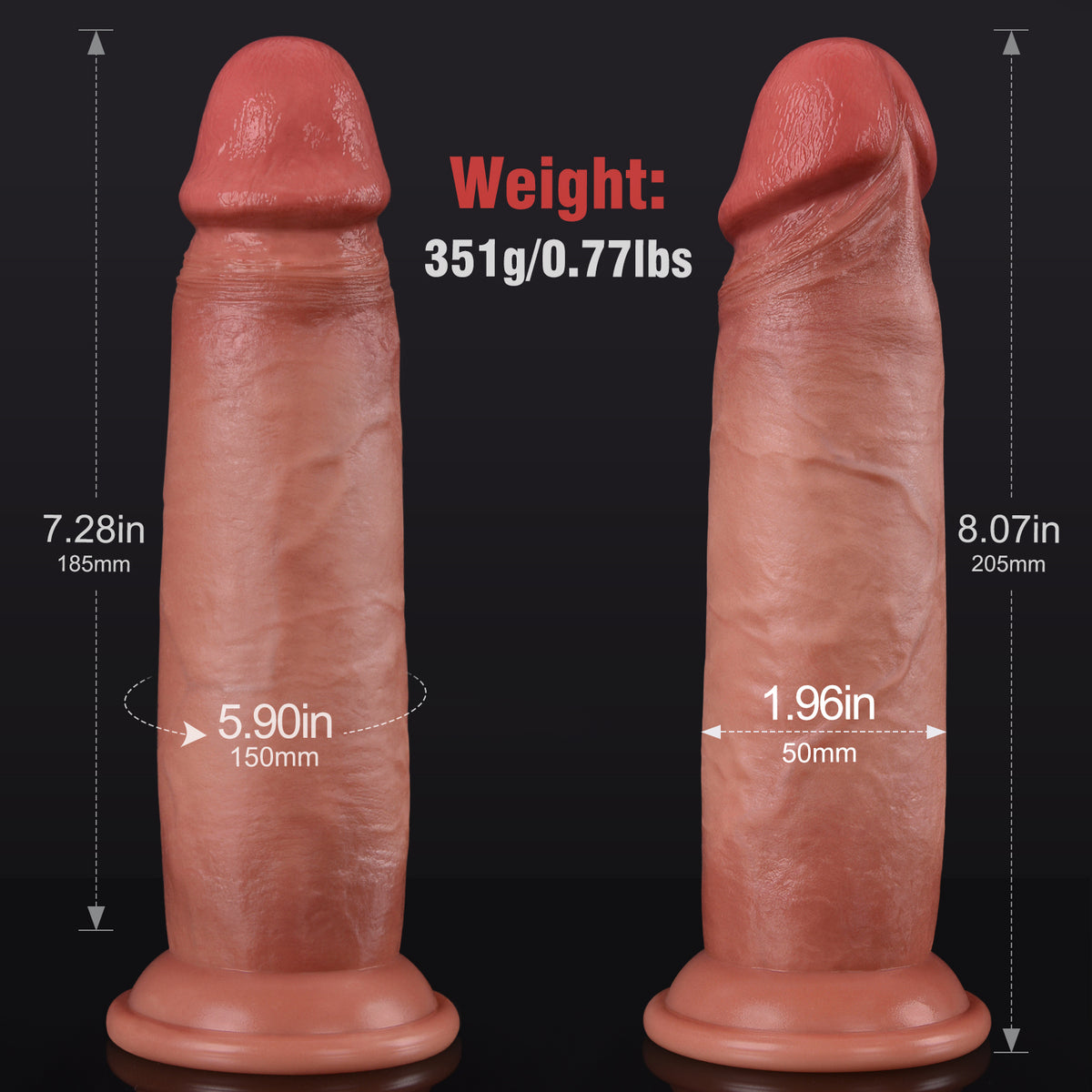 Two flesh colored dildos are displayed with their dimensions and weight against a black background.